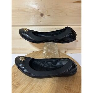 TORY BURCH Jolie Leather‎ Double T Ballet Flats Women's Size 7.5M Black EUC